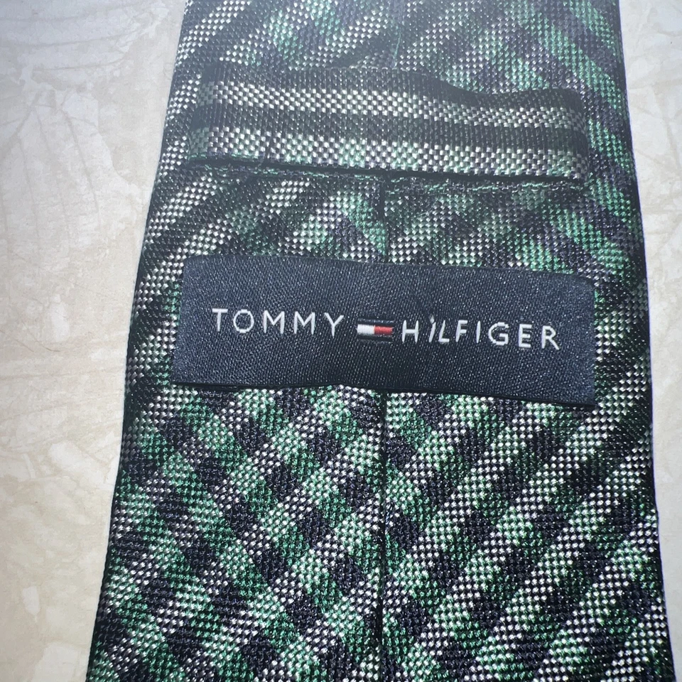 USED Tommy Hilfiger Men's Silk Blend Tie ~ Multicolor ~ Plaid Green/Blue 3.25 - Image 3 of 4