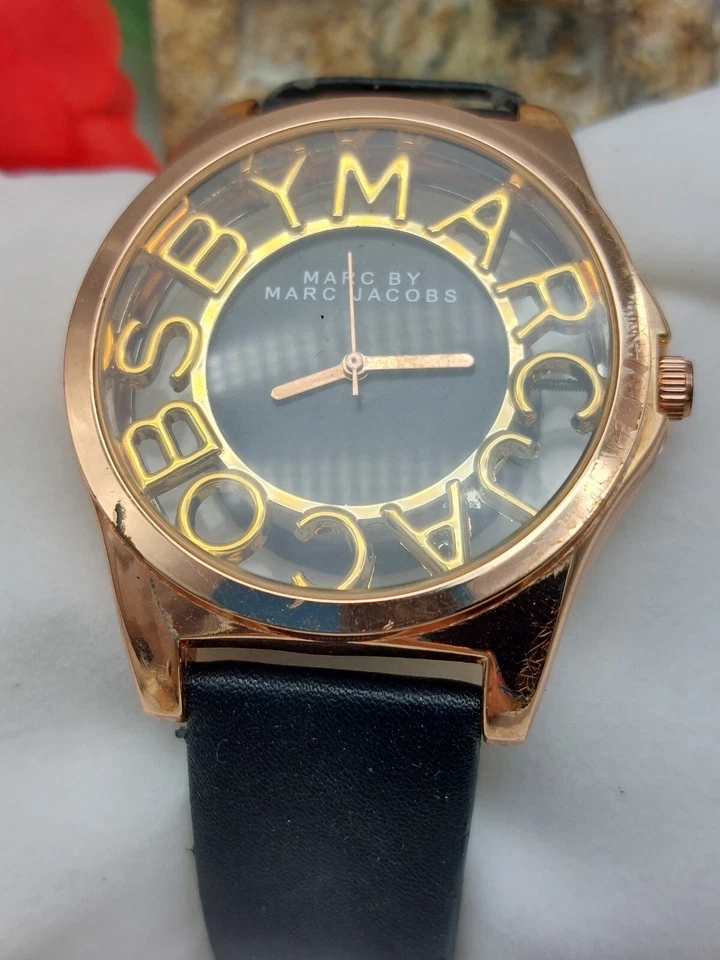 Signed Marc by Marc Jacobs Rose Gold Skeleton Watch Black Leather Band Beckel - Image 2 of 4