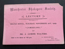 1905 Manchester Shakespere Society Lecture Cymbeline card John Cuming Walters