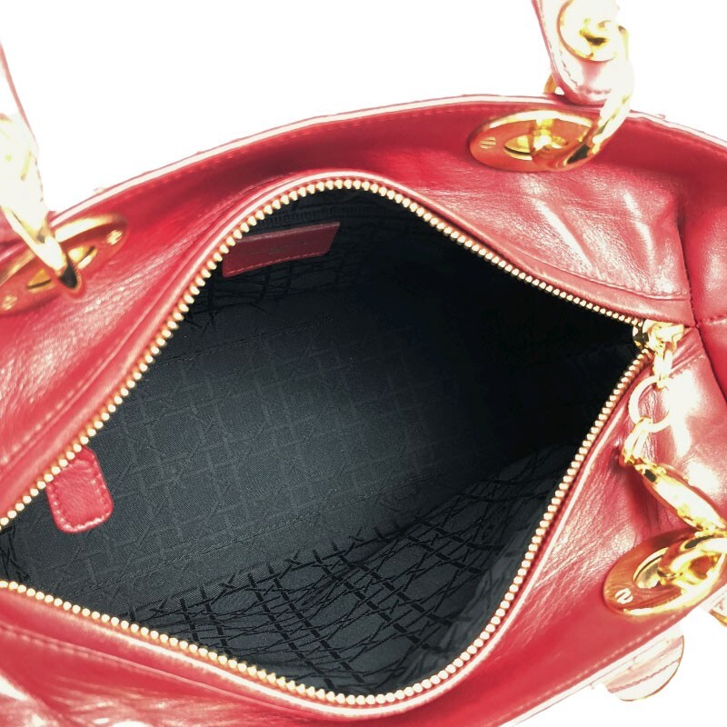 Christian Dior Lady Dior Cannage Tote Bag Red Gold Charm