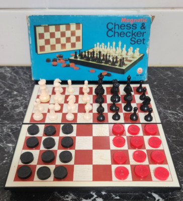 Vintage 1980s Magnetic Chess & Checker Travel Set Cathay Hong Kong Complete Box