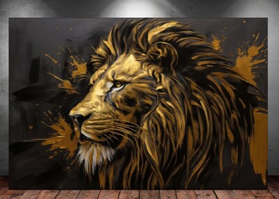 LEINWAND BILDER XXL ABSTRAKT SCHWARZ GOLD LÖWE LION LÖWENKOPF WAND POSTER