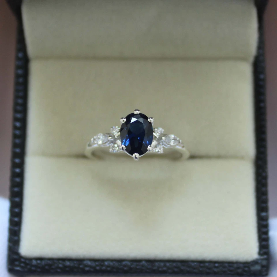 Classic Deep Blue Sapphire Ring With Diamond Cluster Accents White Gold/Silver - Image 2 of 4