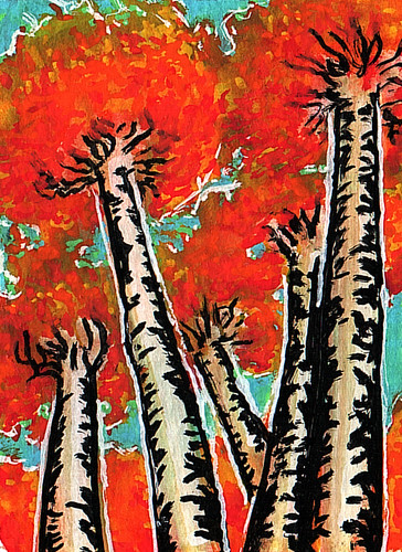 ACEO original abstract autumn birch tree forest fall scene 2 1/2"- 3 1/2"