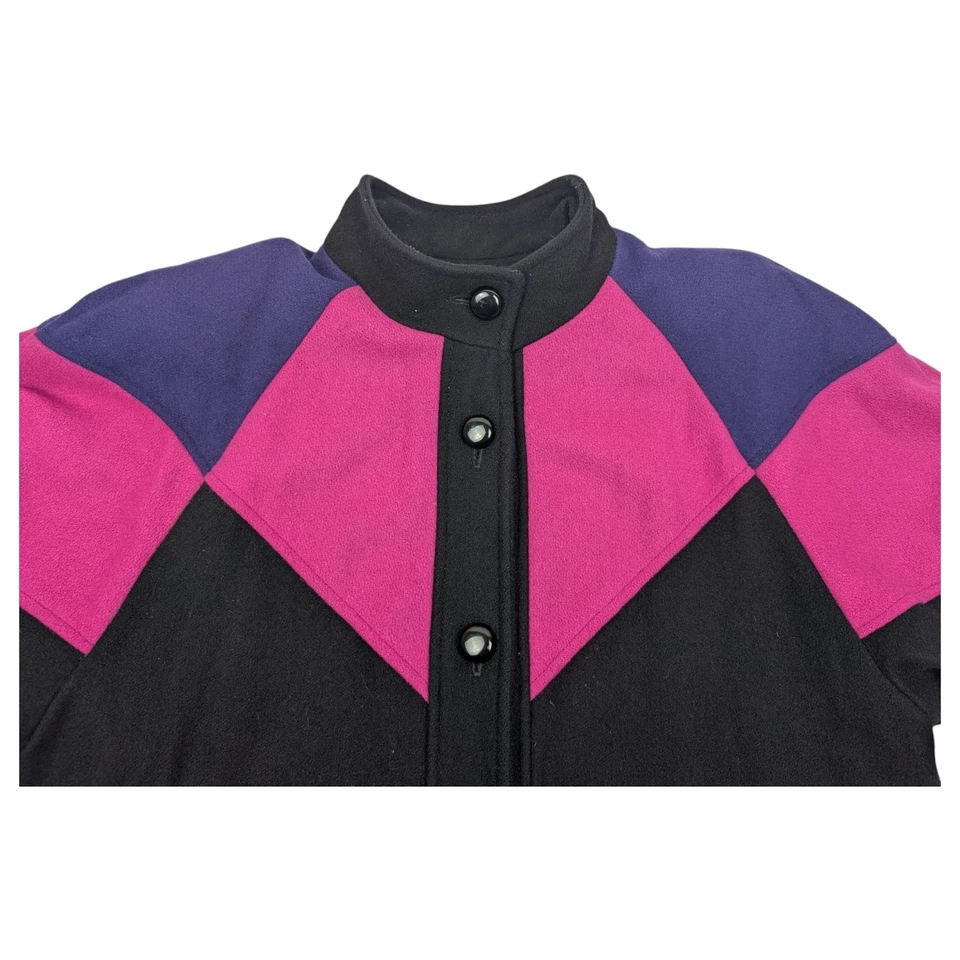 KOMITOR Vintage 80s Women’s 16W Coat Wool Color Block Button Up Long Overcoat - Image 2 of 4
