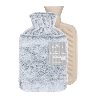 Revitale 2L Luxury Hot Water Bottle Silver Faux Fur Sleeve Cover BS 2025