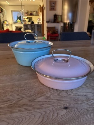2 MES EMAILLE BUNTSTAHL TOPF MIT DECKEL MID CENTURY 50ER Rosa Türkis