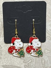 Snoopy Santa Christmas Tree Holiday Gold Loop Enamel Drop Dangle Earring Set