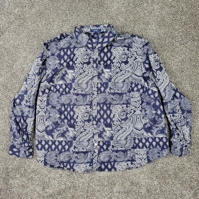 Chaps Shirt Top Womens 3X Plus Navy Blue Paisley Print Button Up Blouse Casual