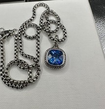 David Yurman 925 Silver Diamond Albion 14mm Blue Topaz Pendant  Necklace 18