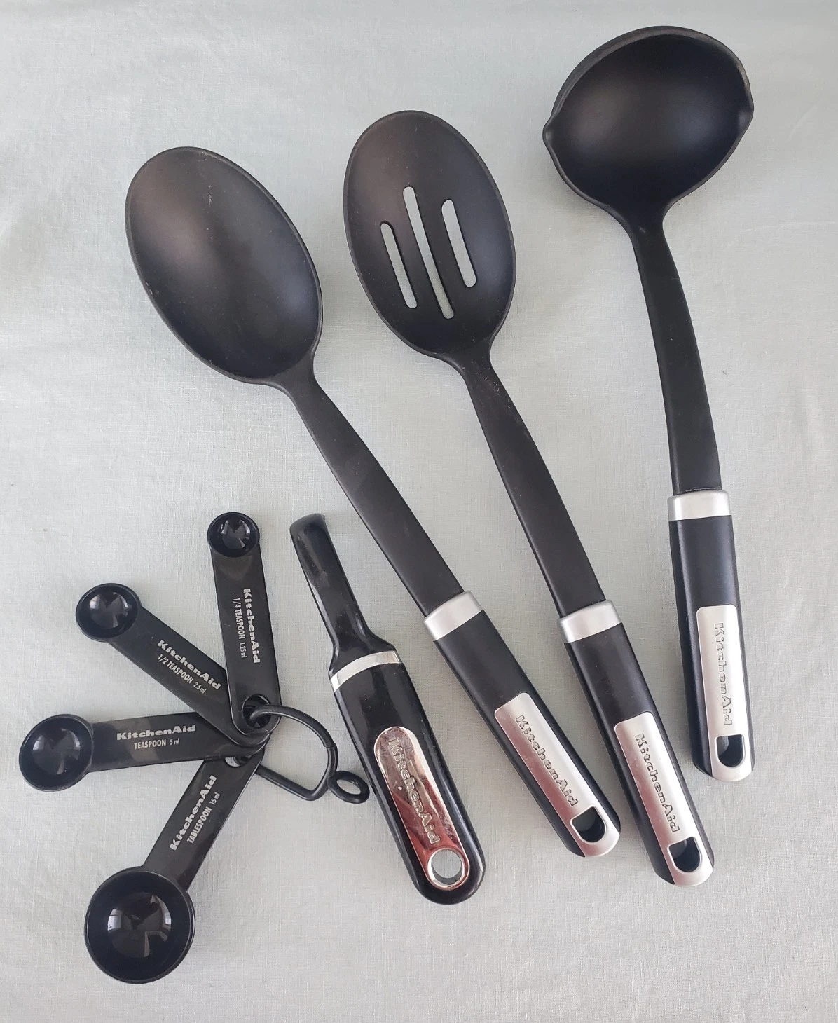 KitchenAid Set of 5 Black Kitchen Utensils: Ladle Slotted Spoon Peeler Measuring