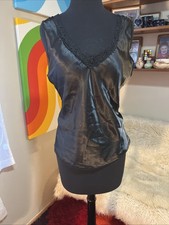 Vintage Escapades Black Glossy Shiny satin camisole Top Large USA Made