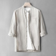 Retro Men's 3/4 Sleeve Stand Collar Linen Button Shirts Casual Dress Thin Tops