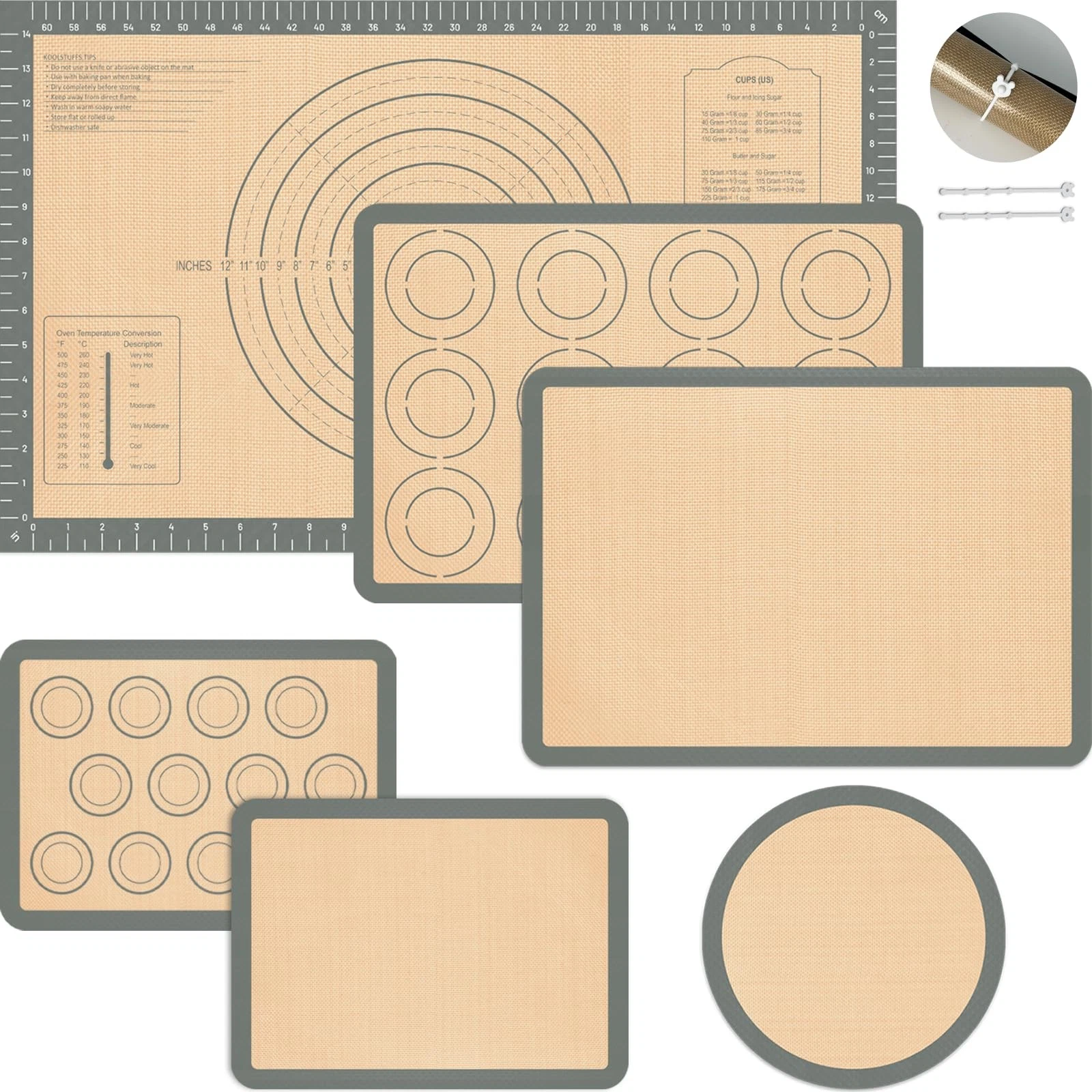 Silicone Baking Mat Set of 6, Nonstick Pastry Mat, Reusable Macaron Silicone ...