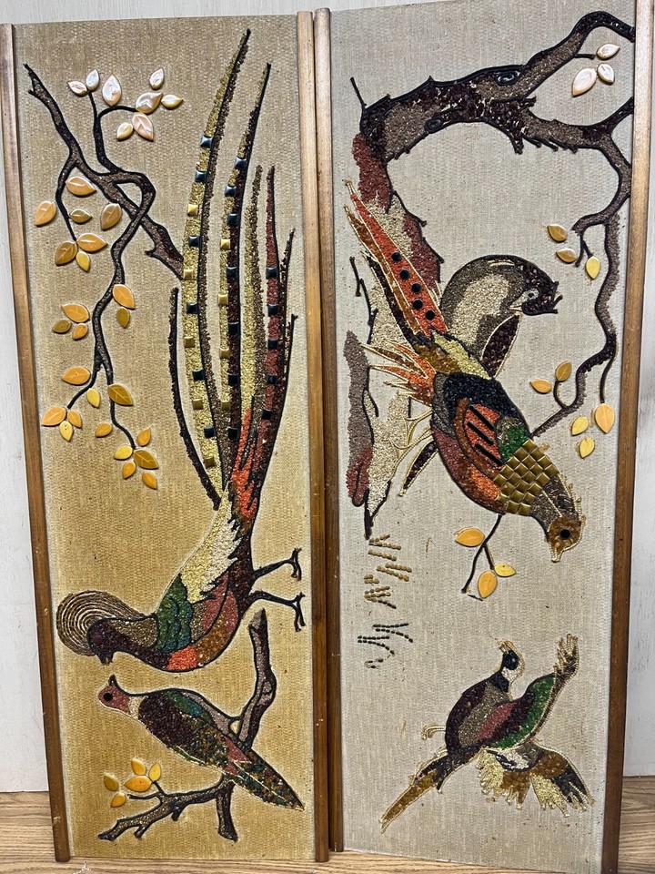 A massive 36" vintage MCM mosaic pebble-and-gravel pheasant wall art — the kind of handcrafted folk-art piece that defines a room.