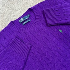 Polo Ralph Lauren XL Purple Cable Knit Sweater Merino Wool Angora Pony Preppy