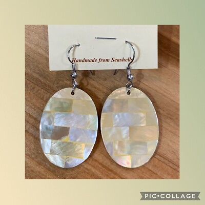 Genuine Seashell Mother Of Pearl Handmade Tile Block Design Dangle Drop Earrings