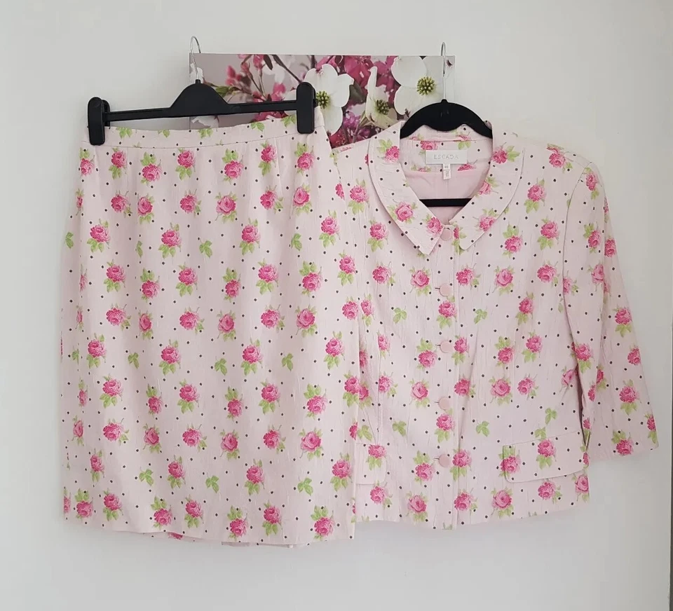 Impresionante Traje Falda ESCADA Rosa Rosa Mezcla Seda - Talla 40 UK 12 Foto 3 de 4