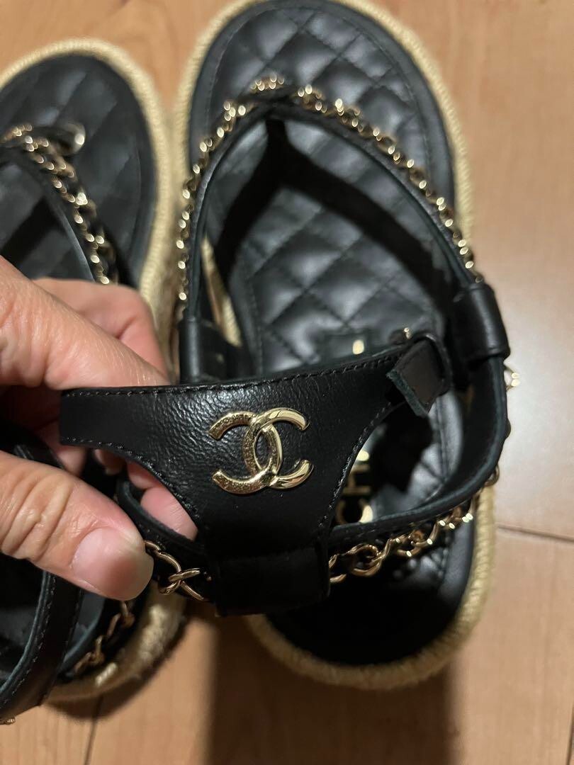 CHANEL COCO MARK Chain Flat Thong Sandals Mules Shoes Women