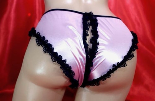 Pink Liquid Satin With Black Lace Crotchless Panties Knickers One Size