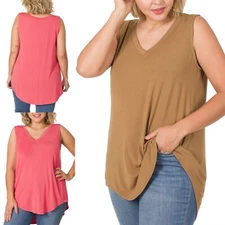 1X 2X 3X Plus Women V-Neck Sleeveless Luxe Rayon Tank Top High Low Hem Zenana