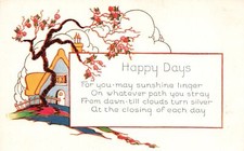 Happy Days Landscape Flowering Tree Sunshine Greetings Vintage Postcard