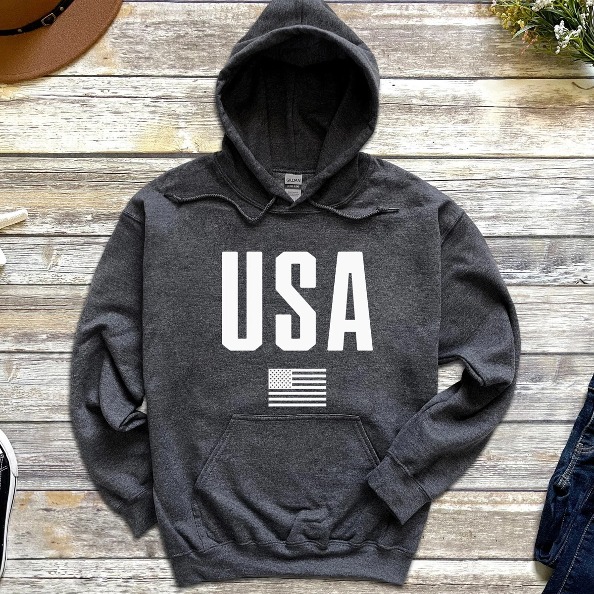 ANWA Unisex USA Flag Fleece Pullover Sweatshirt - Grey Comfort Casual Sweatshirt, Size X-Large - View #6