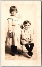 Sibling Photograph Boy And Girl White Dress Long Sleeves Real RPPC Postcard