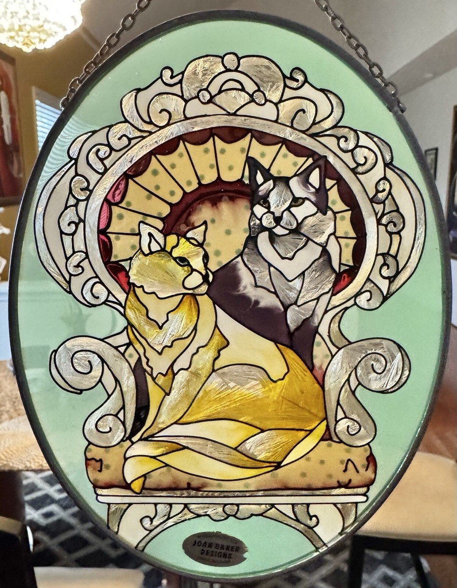 Joan Baker サンキャッチャー Vintage JOAN BAKER Designs CATS Hand Painted Stained Glass