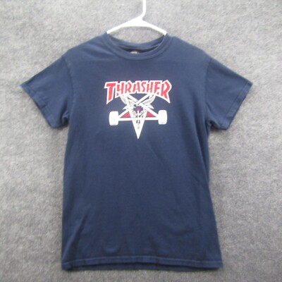 mens Thrasher Pentagram 666 Goat Skateboarding Logo T-shirt navy blue sz  Small