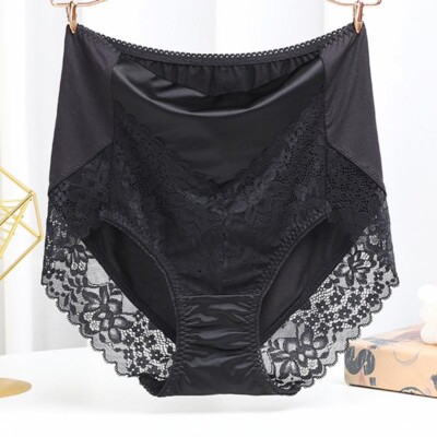 Sexy Women Satin Lace Underpants High Waist Brief Seamless Plus Size Soft
