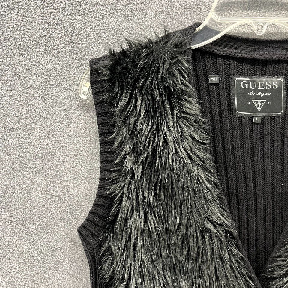 Guess Vest Womens Large Black Knit Sweater Faux Fur Trim Sleeveless Top - Image 4 of 4