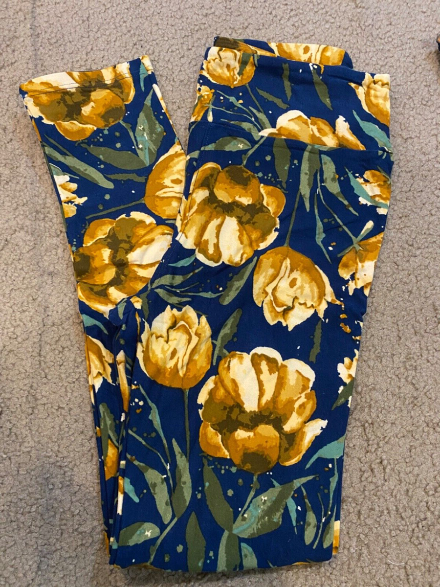 LulaRoe Blue Cream Yellow Floral OS One Size Leggings Realist Rose
