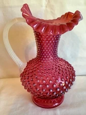 Vintage Fenton art glass cranberry opalescent hobnail pitcher