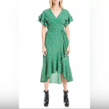 Max Studio Womens size 3X Green Floral Midi Ruffle Sleeve Wrap v-neck Dress