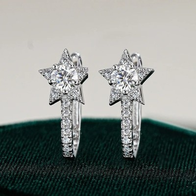 1Ct  Dazzling Star Moissanite Hoop Earrings 925 Sterling Silver WG Gift