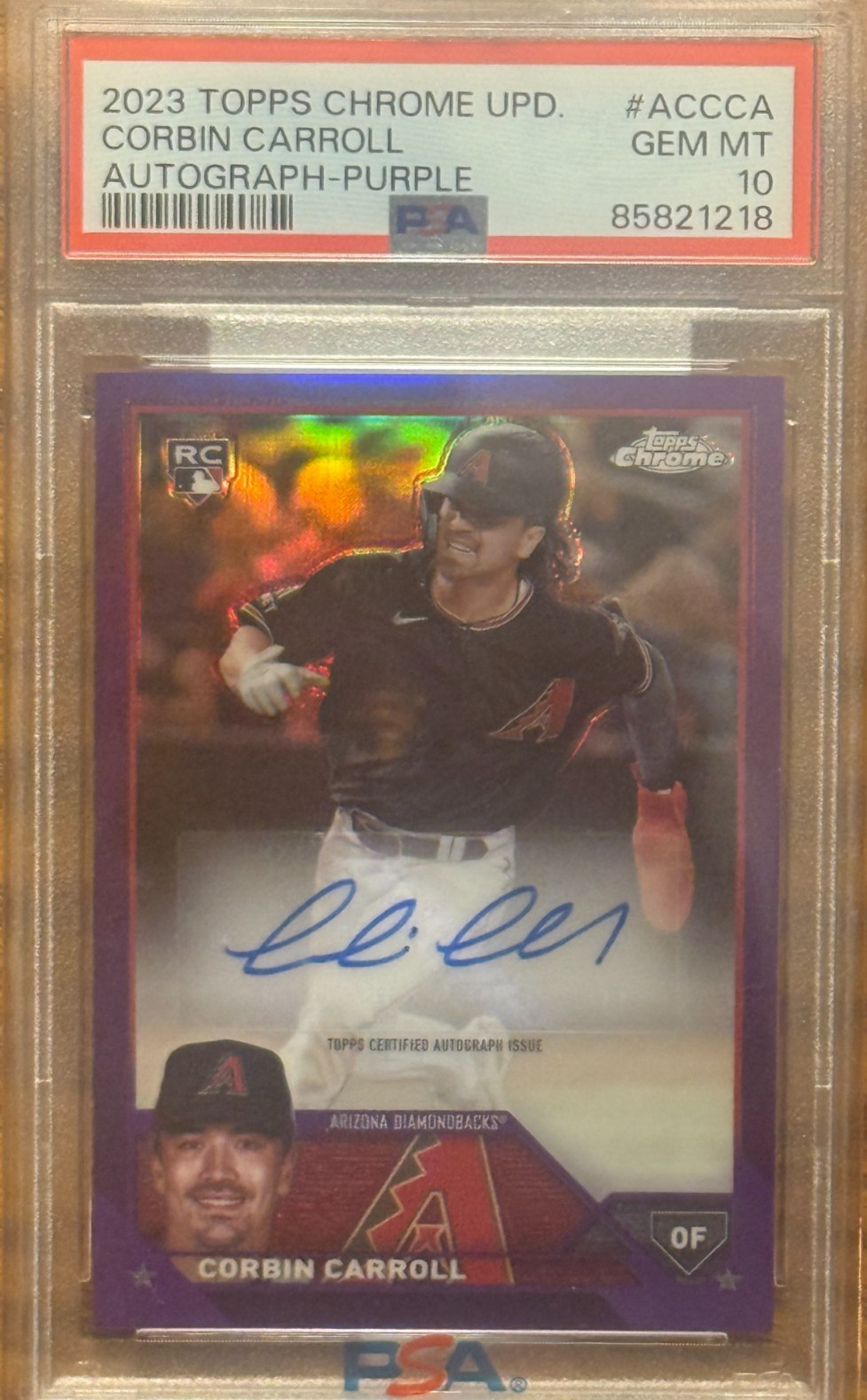 CORBIN CARROLL 2023 TOPPS CHROME UPDATE AUTO PURPLE REFRACTOR  #/250 (PSA 10)!