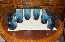 VTG Set of 6 Blue Pinched Dimple 5.5” Handblown Glass Tumblers Blenko ? Pilgrim?
