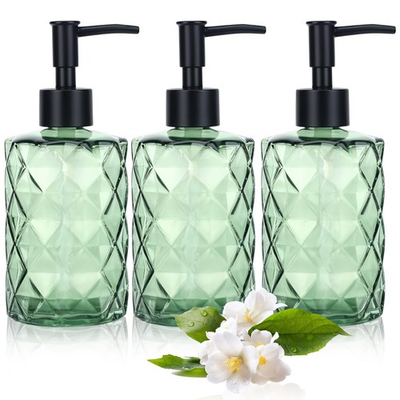 #ad 3 Pack Green Glass Soap Dispenser Set with Black Pump 13.5oz Refillable Liqu... $26.83