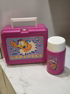 VTG 1978 Garfield Lunch Box WITH Thermos Jug Pink Plastic Paper Label Complete