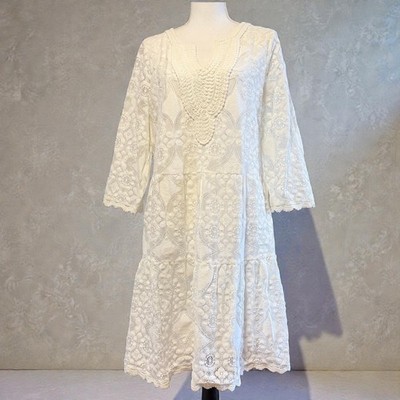HALLHUBER White Lace Tiered sz XL Midi Dress Cotton Blend 3/4 Sleeve