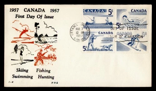 DR WHO 1957 CANADA FDC SEASONAL SPORTS BLOCK H&E CACHET M76624