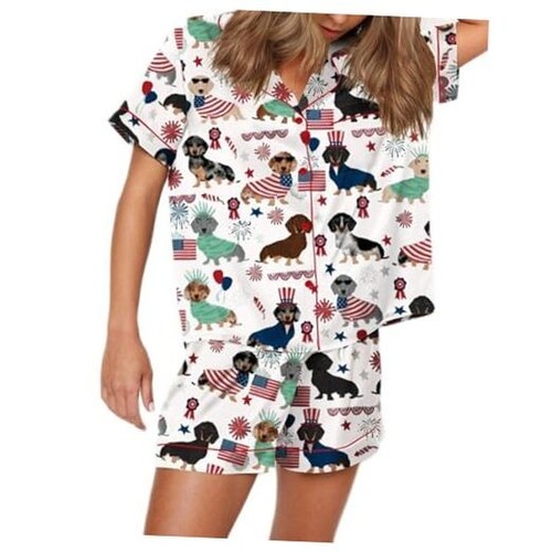 Women Satin Silk Pajamas Set American Flag Print Button Down Short Small White
