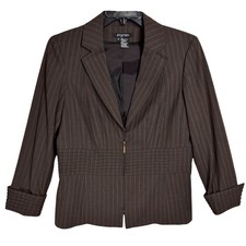 Etcetera Brown Pinstripe Blazer Size 14 Wool Blend Zip Front Tailored Corset Cut