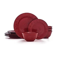 Trellis Snowflakes 12 Piece Dinnerware Set, Service For 4, Red