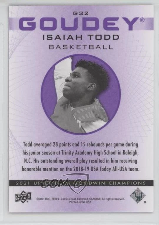 2021 Goodwin Champions Goudey Platinum Purple Pulsar /23 Isaiah Todd Rookie RC - Image 2 of 2