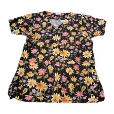 Womens xs black with pink spring flowers floral ladybug scrub top Cottonality