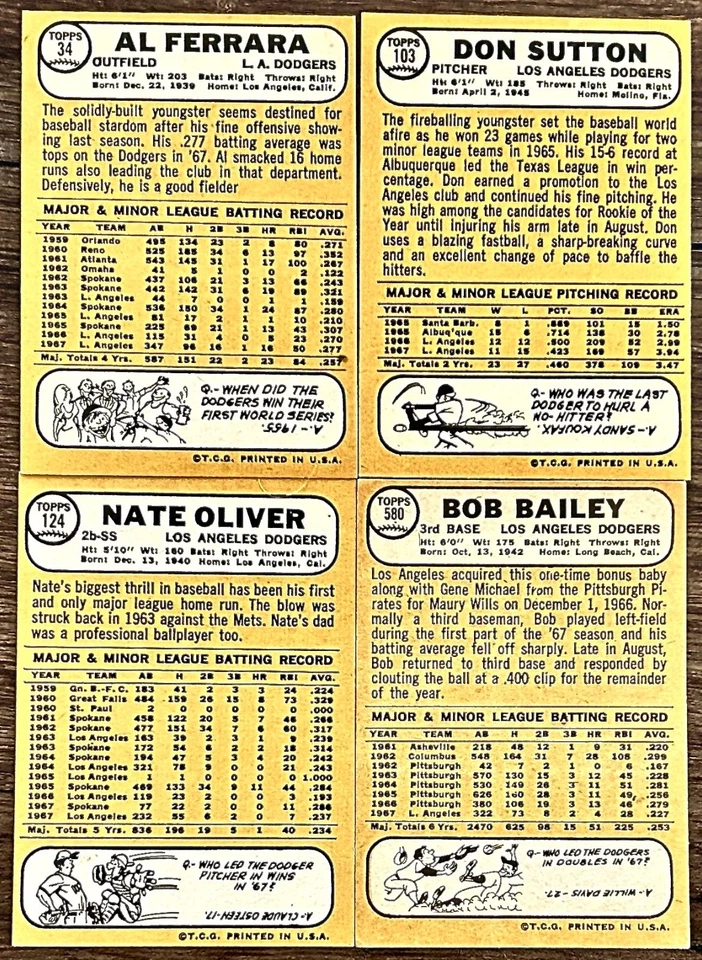 1968 Topps Los Angeles Dodgers, Al Ferrara Don Sutton Nate Oliver Bob Bailey - Imagem 2 de 2