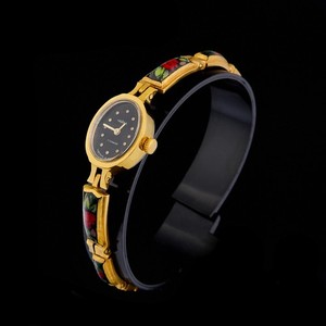 Authentic Vintage Chaika Watch Gold Plated Bracelet Floral Enamel Inserts Hand Painted.