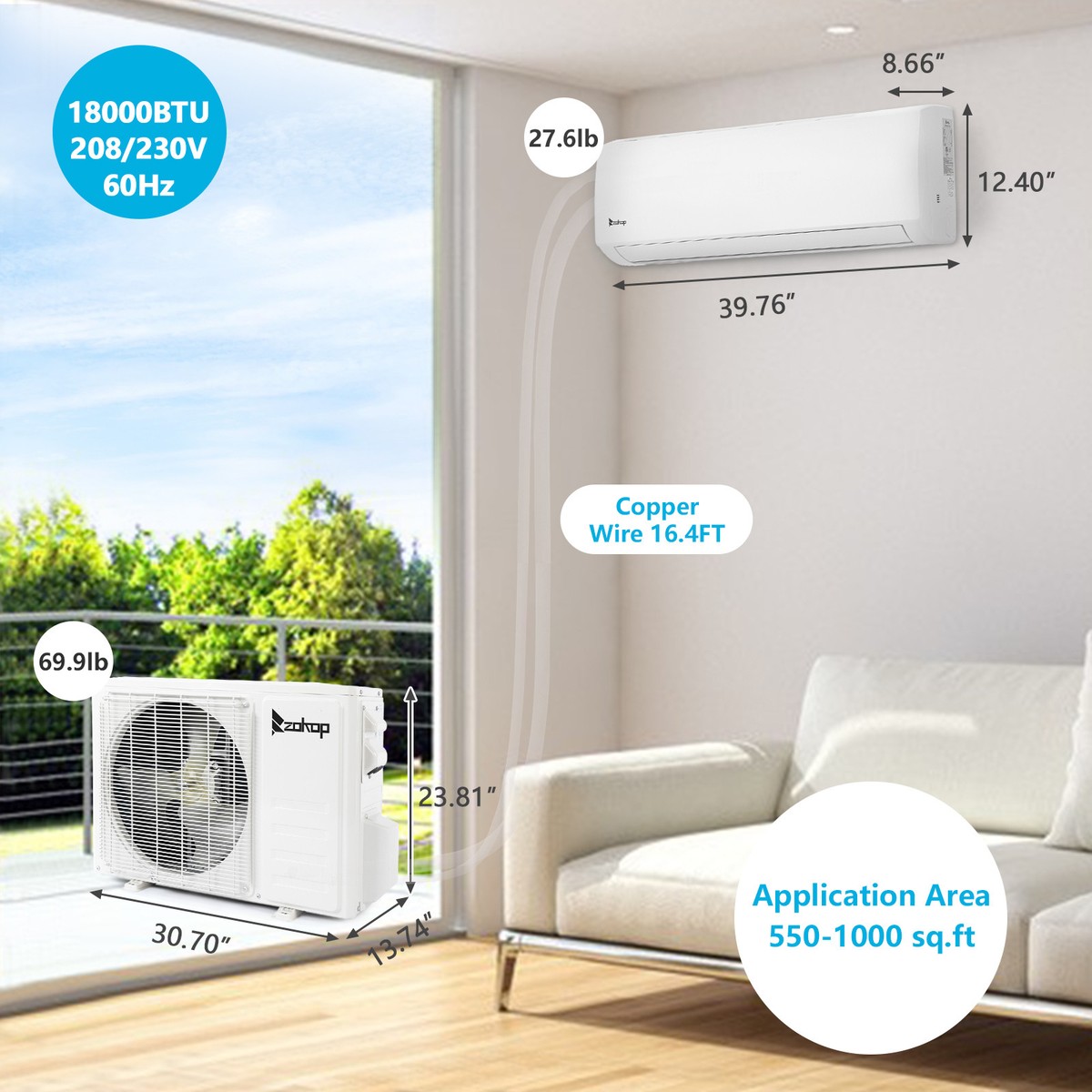 Zokop 18000 BTU Mini Split Air Conditioner with Heat Pump Remote